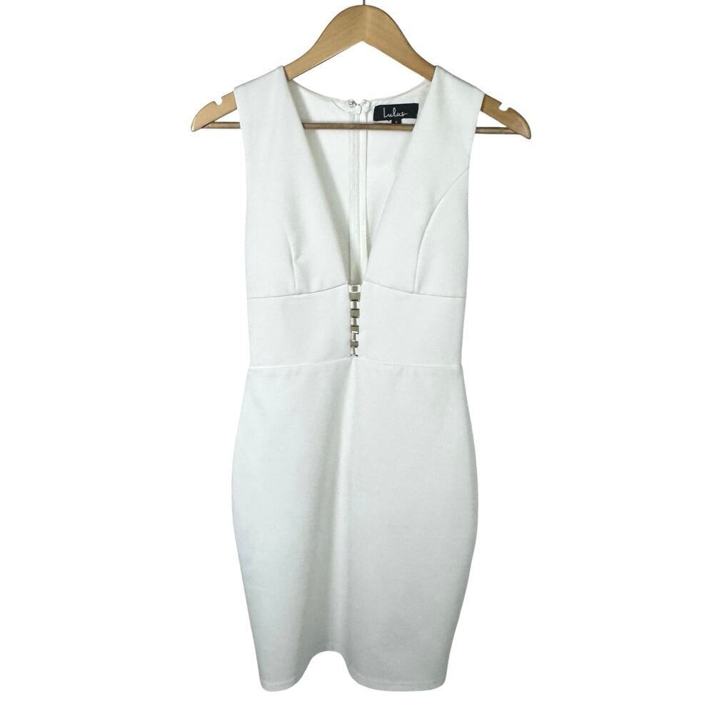 Lulu's Sascha White Sleeveless Bodycon Dress‎ Deep V Neck Women's Sz S - Picture 2 of 11